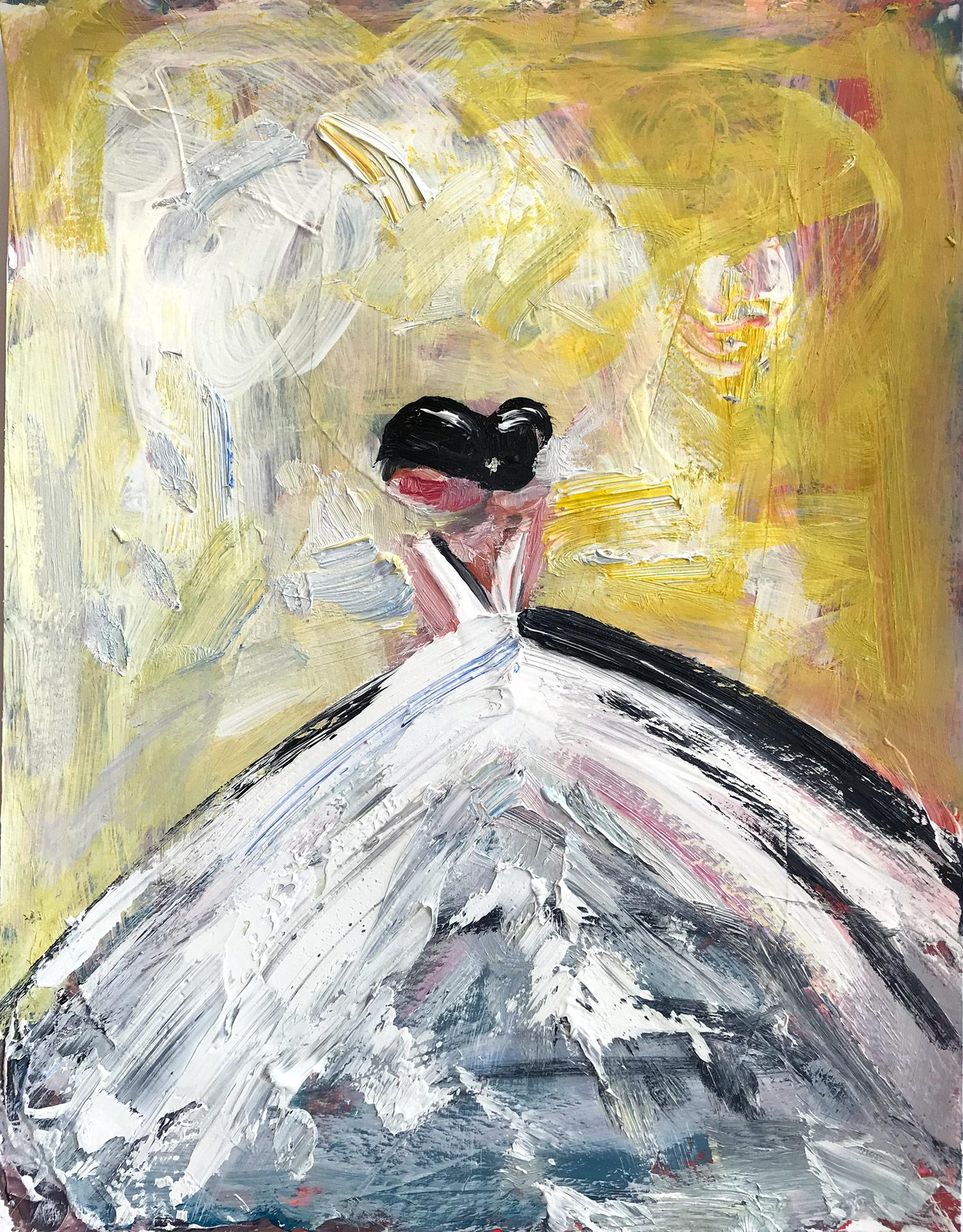 Cindy Shaoul Abstract Painting - "Francesca" Abstract Haute Couture Figure on Paper wearing Chanel Gown