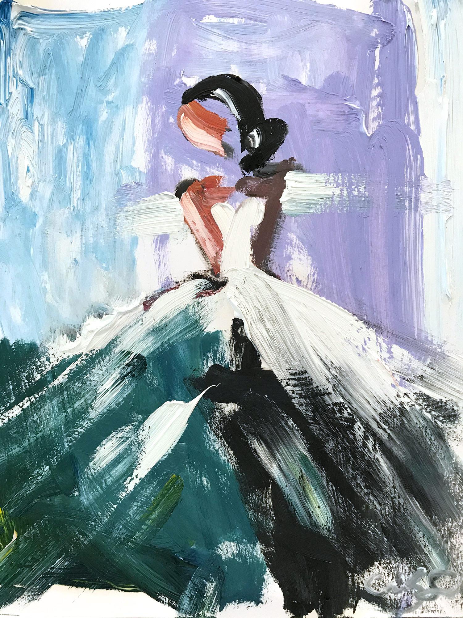 Cindy Shaoul Abstract Painting - "From Paris, With Love" Figure Chanel Gown Haute Couture Oil Painting on Paper