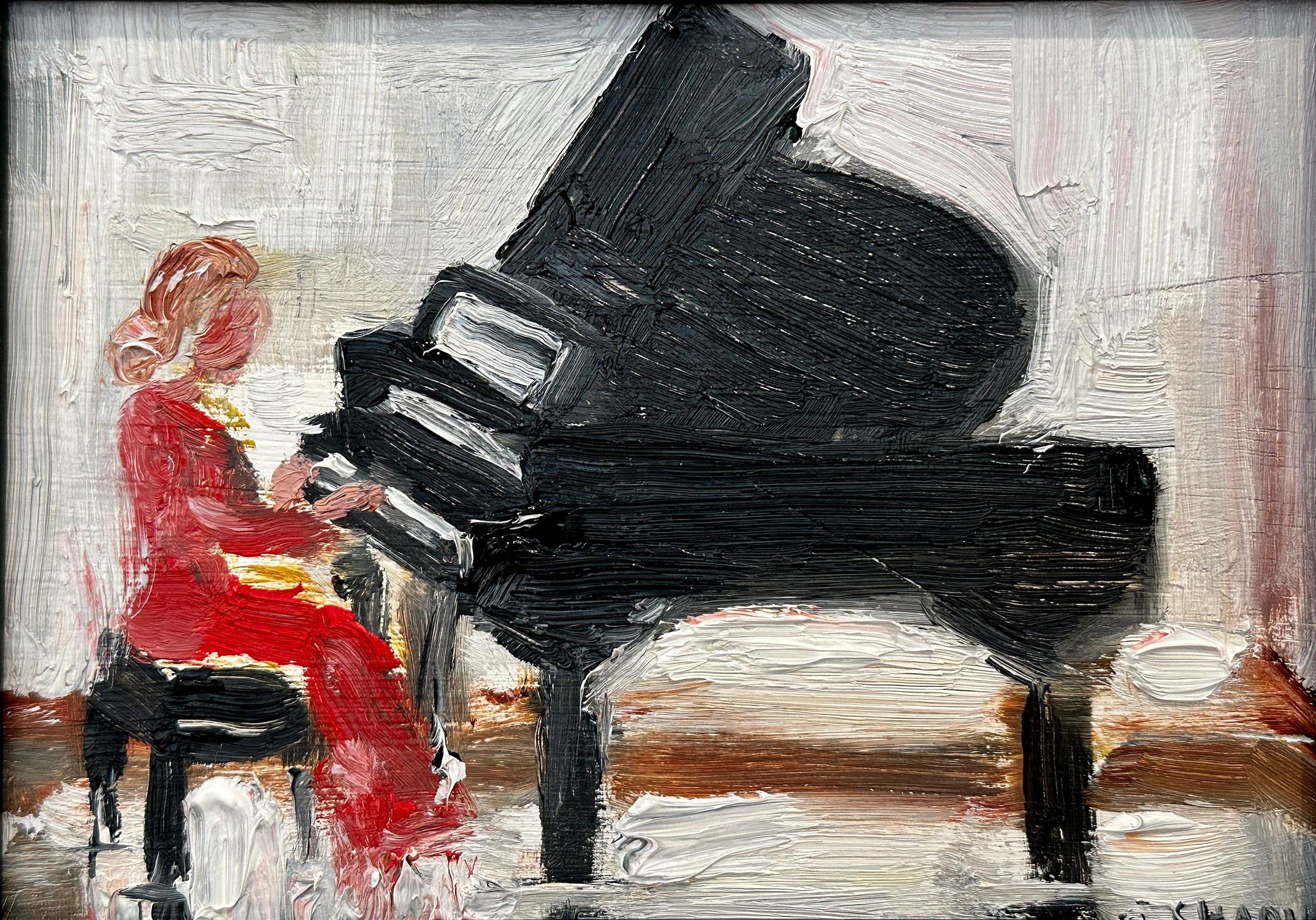 Impressionistisches Ölgemälde „Fur Elise“ einer Frau, die Klavier Indoors spielt,  – Painting von Cindy Shaoul