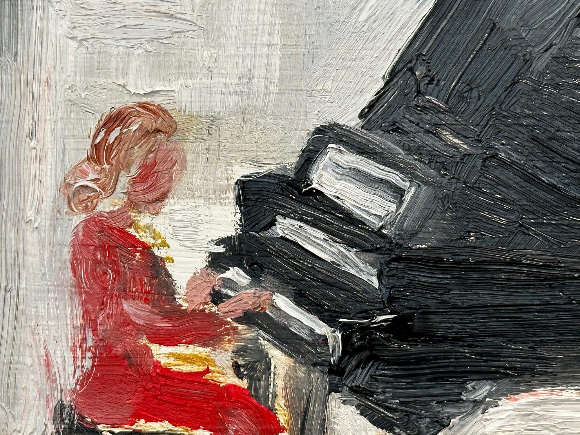 Impressionistisches Ölgemälde „Fur Elise“ einer Frau, die Klavier Indoors spielt,  (Impressionismus), Painting, von Cindy Shaoul