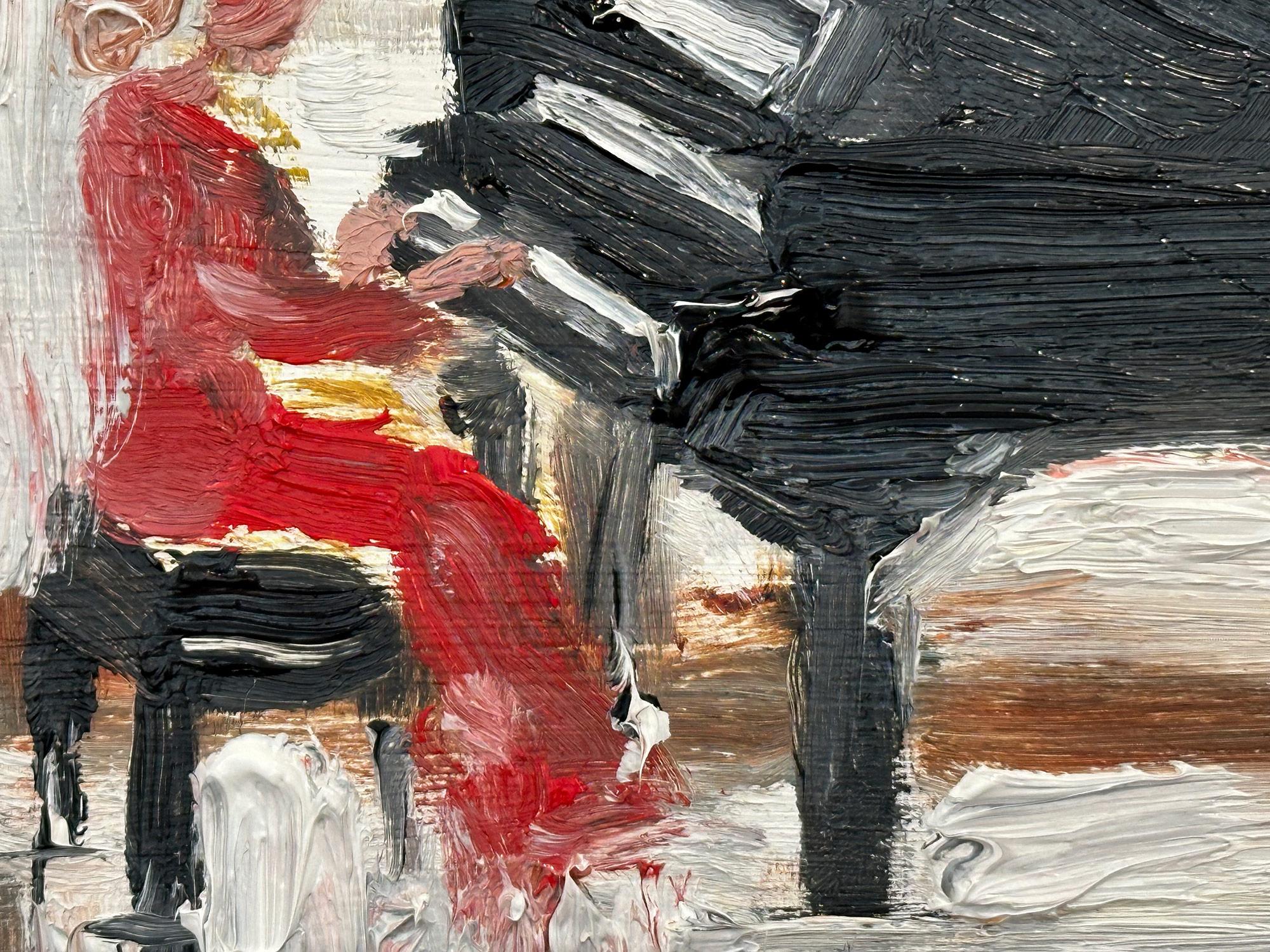 Cette peinture représente une scène impressionniste en plein air d'une jeune femme jouant du piano dans une robe rouge. Les coups de pinceau épais et les marques amusantes créent une atmosphère qui rappelle celle des impressionnistes du 20e siècle.