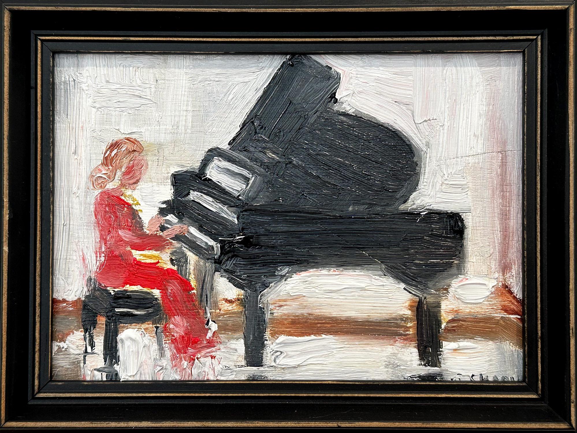 Landscape Painting Cindy Shaoul - « Fur Elise », peinture à l'huile impressionniste d'une femme jouant du piano indoors 