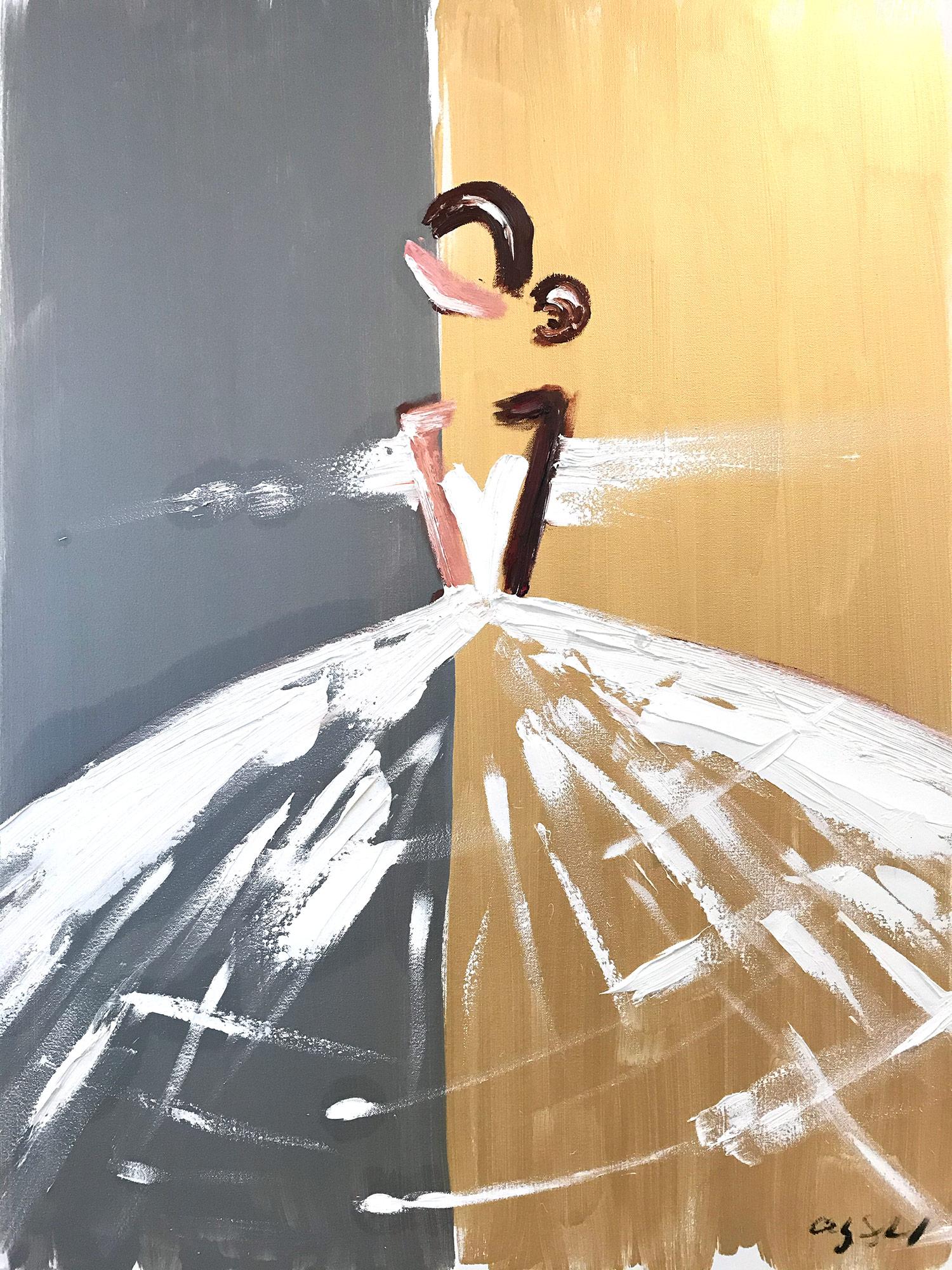 Abstract Painting de Cindy Shaoul - "Gabriella" Figura abstracta con vestido Pintura al óleo Alta Costura Francesa Lienzo
