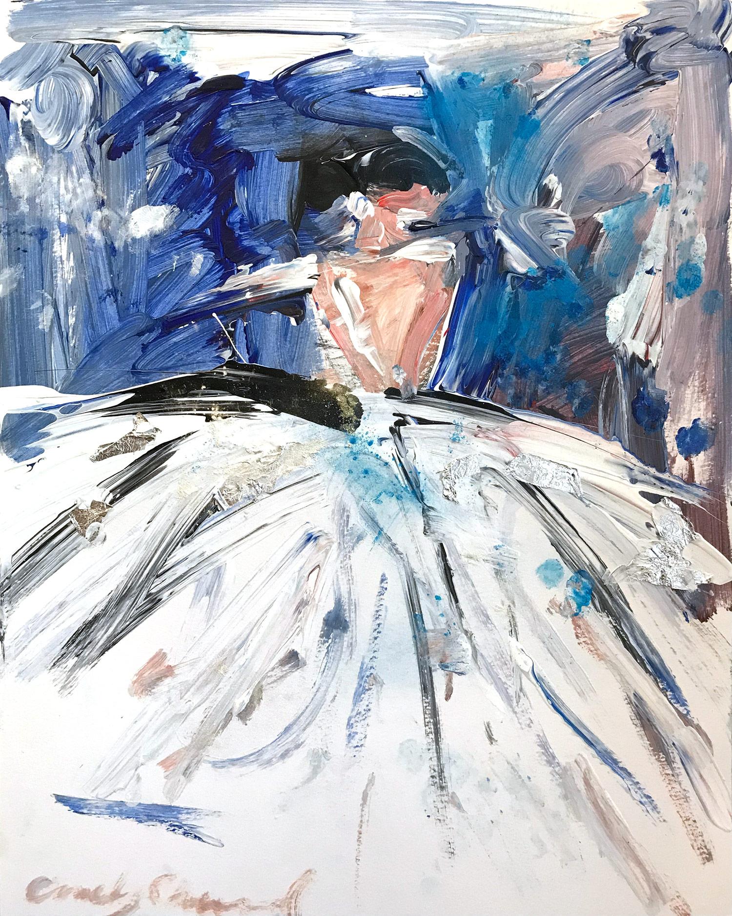 „Nights in Paris“ Figur in Chanel Französisch Haute Couture Ölgemälde auf Papier, Haute Couture – Painting von Cindy Shaoul