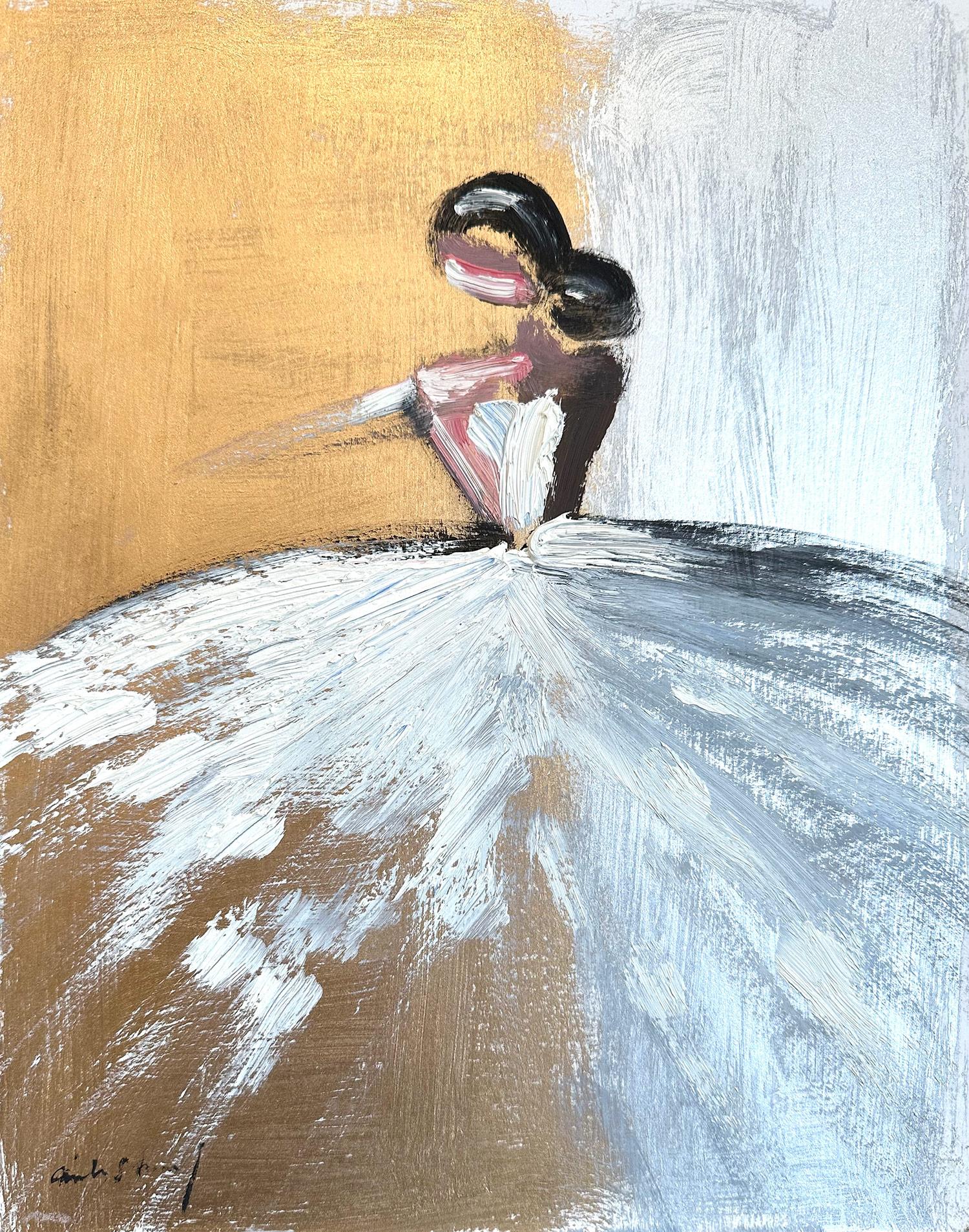 Abstract Painting Cindy Shaoul - "Gianni" Figure abstraite avec robe Haute Couture française Peinture à l'huile sur papier