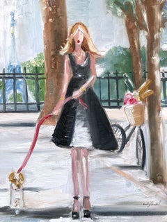 "Girl in Paris" Figure Walking with Dog in Chanel Haute Couture Oil Painting