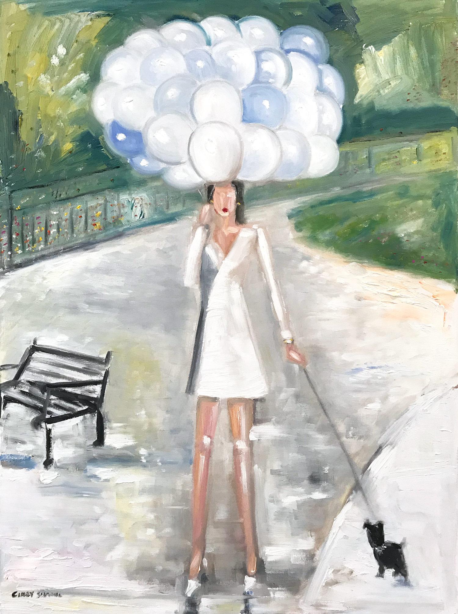 Cindy Shaoul Abstract Painting - "Girl with Balloons and Dog at the Park " Figure in Haute Couture Oil Painting