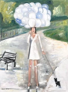 "Girl with Balloons and Dog at the Park " Figure in Haute Couture Oil Painting