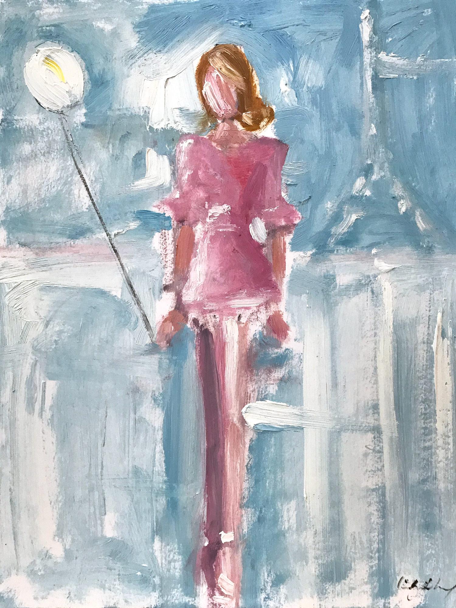 "Girl with a White Balloon" Figure wearing Chanel in Paris Oil Painting on Paper