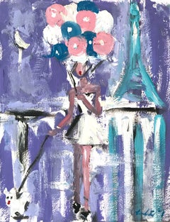 "Girl with Balloons - Adele" Figure in Paris Haute Couture Oil Painting with Dog