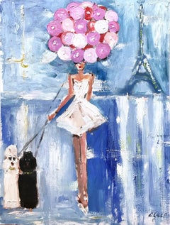 "Girl with Balloons and 2 Poodles" Figure in Haute Couture Chanel Oil on Paper