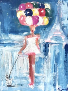 "Girl with Balloons and Dog" Figure in Paris French Haute Couture Oil Painting
