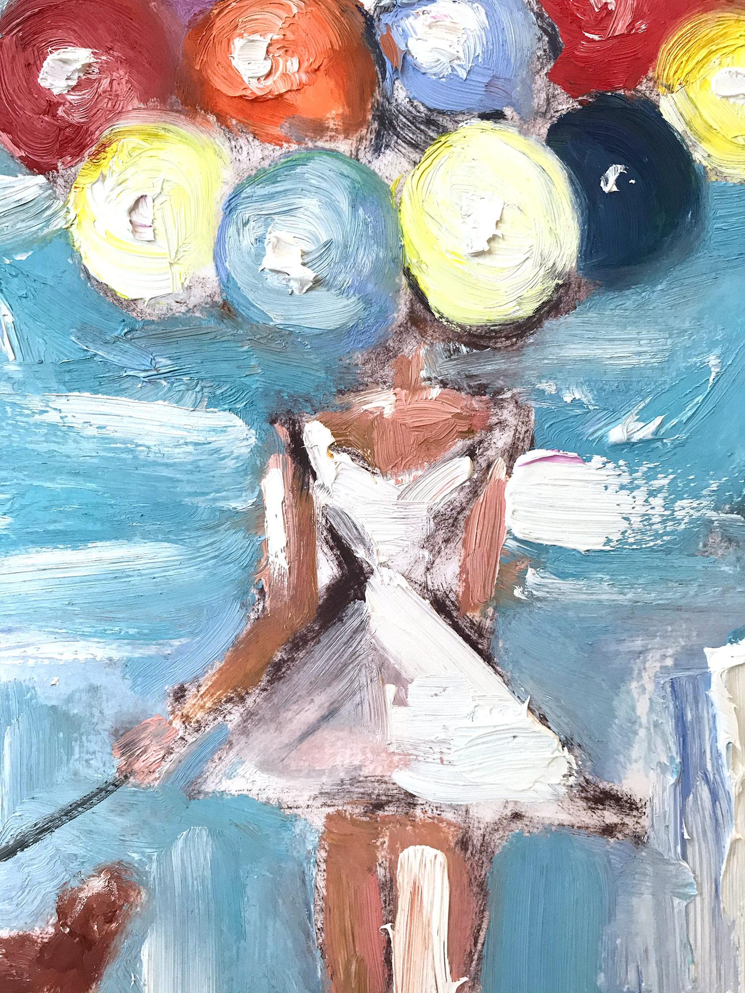 “Girl with Balloons” was created from a vision aritst Cindy Shaoul had during the height of the pandemic. She wanted to create a piece with a light heart but also translate a message of hope. Balloons in Spanish means “Globos” and the The 