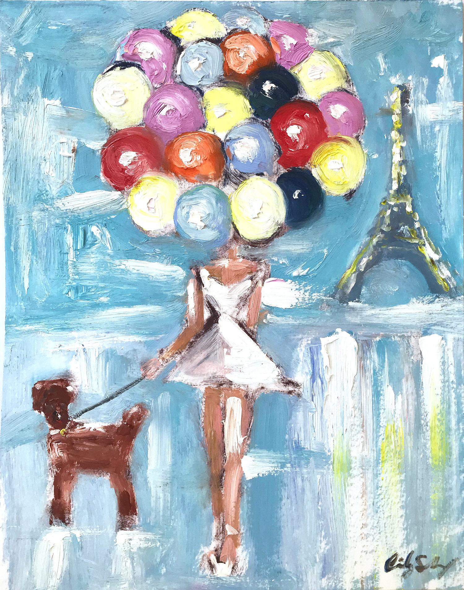 Cindy Shaoul Figurative Painting - "Girl with Balloons and Marcy the Dog" Figure in Haute Couture Oil on Paper