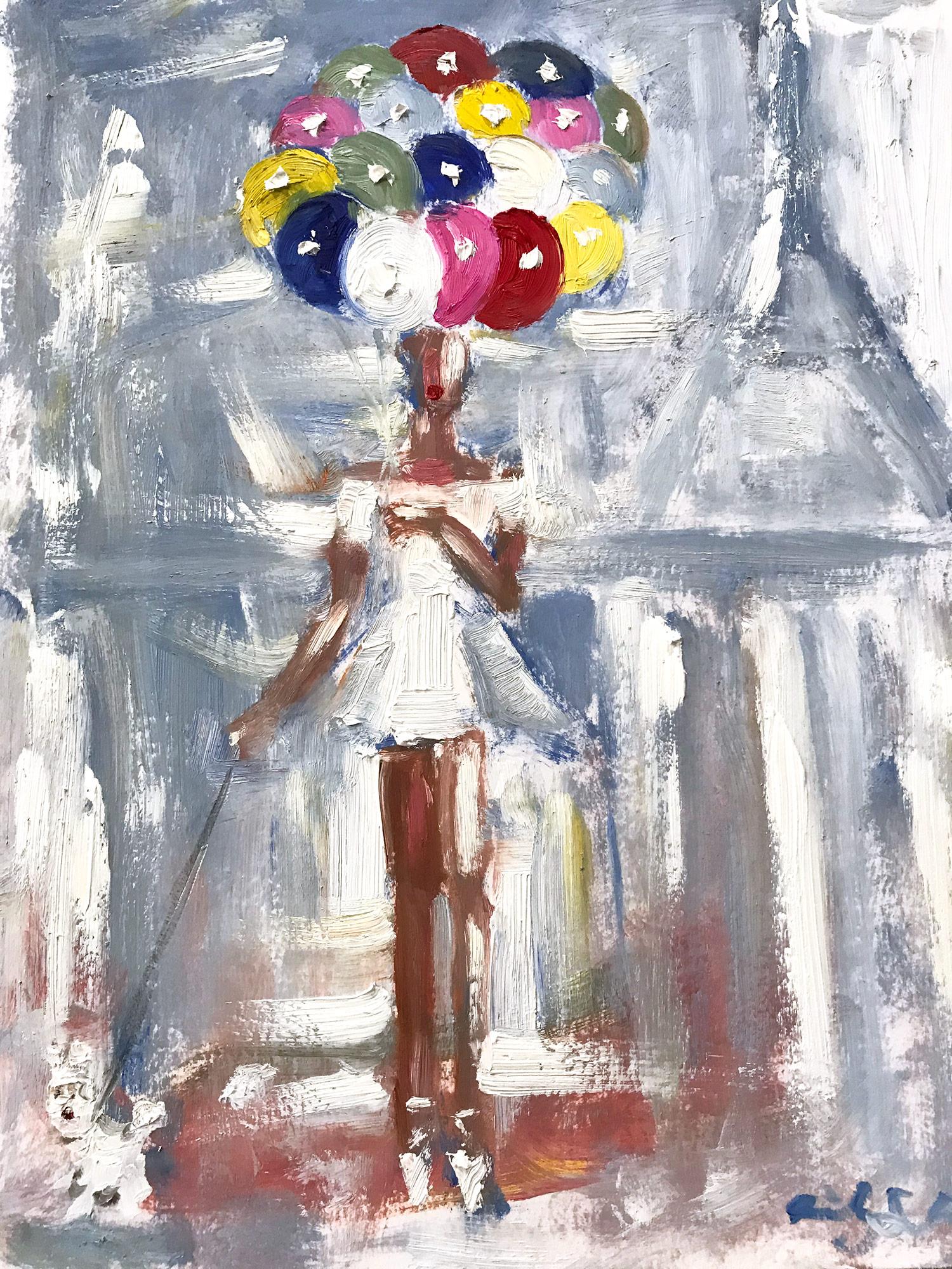 "Girl with Balloons at Twilight" Figure Paris French Haute Couture Oil Painting