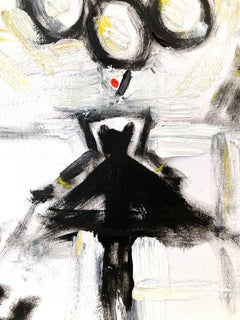 „Mädchen mit Ballons – B & W“ Pariser Figur in Chanel Haute Couture, Öl auf Papier