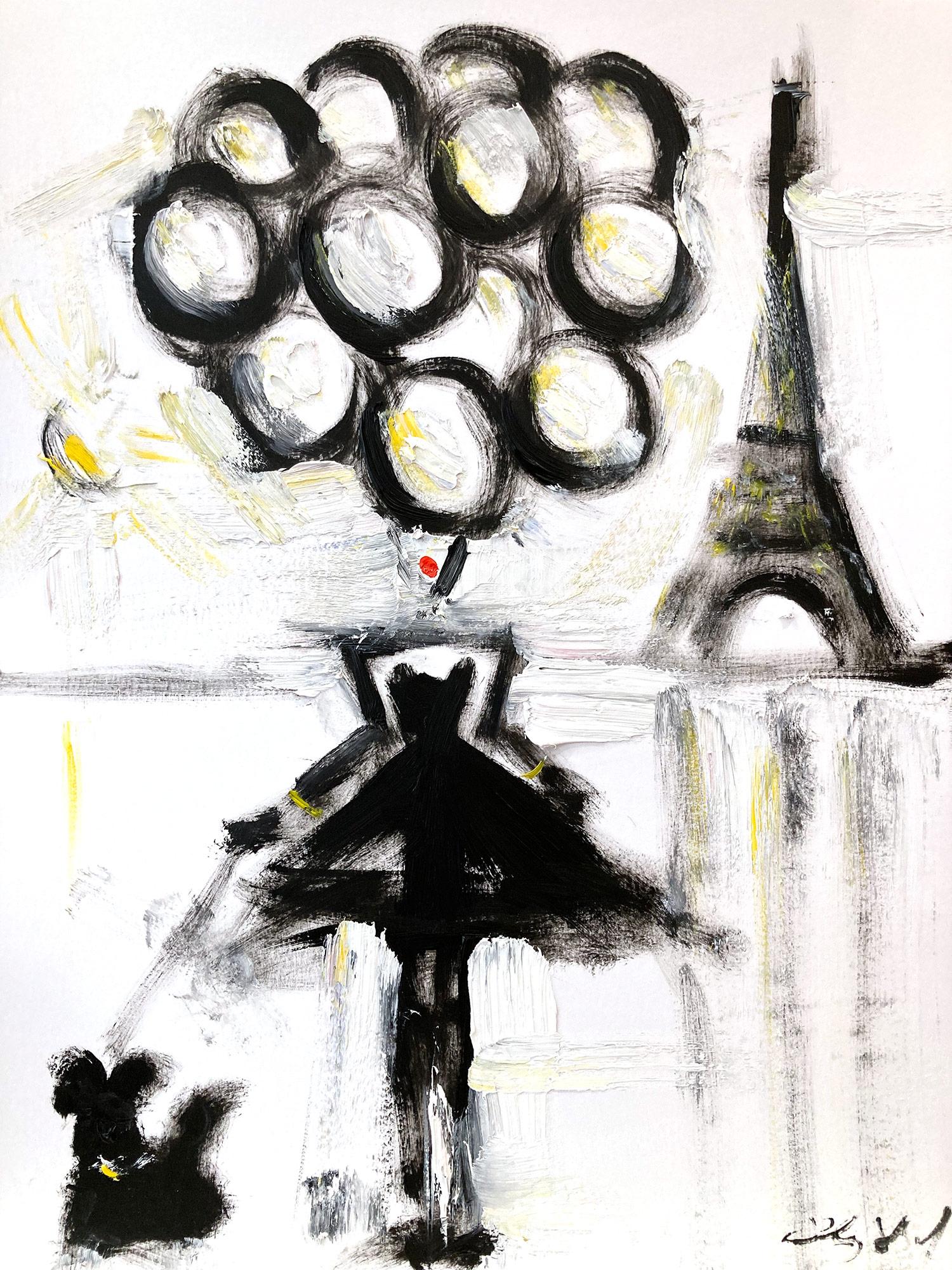 Cindy Shaoul Abstract Painting - "Girl with Balloons - B & W" Paris Figure in Chanel Haute Couture Oil on Paper