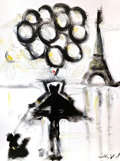 "Girl with Balloons - B & W" Paris Figure in Chanel Haute Couture Oil on Paper