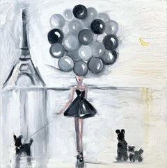 "Niña con globos en blanco y negro" Figura y perros en Chanel Pintura al óleo Enmarcada
