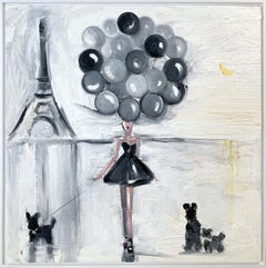 "Girl with Balloons Black and White" Figure & Dogs in Chanel Oil Painting Framed