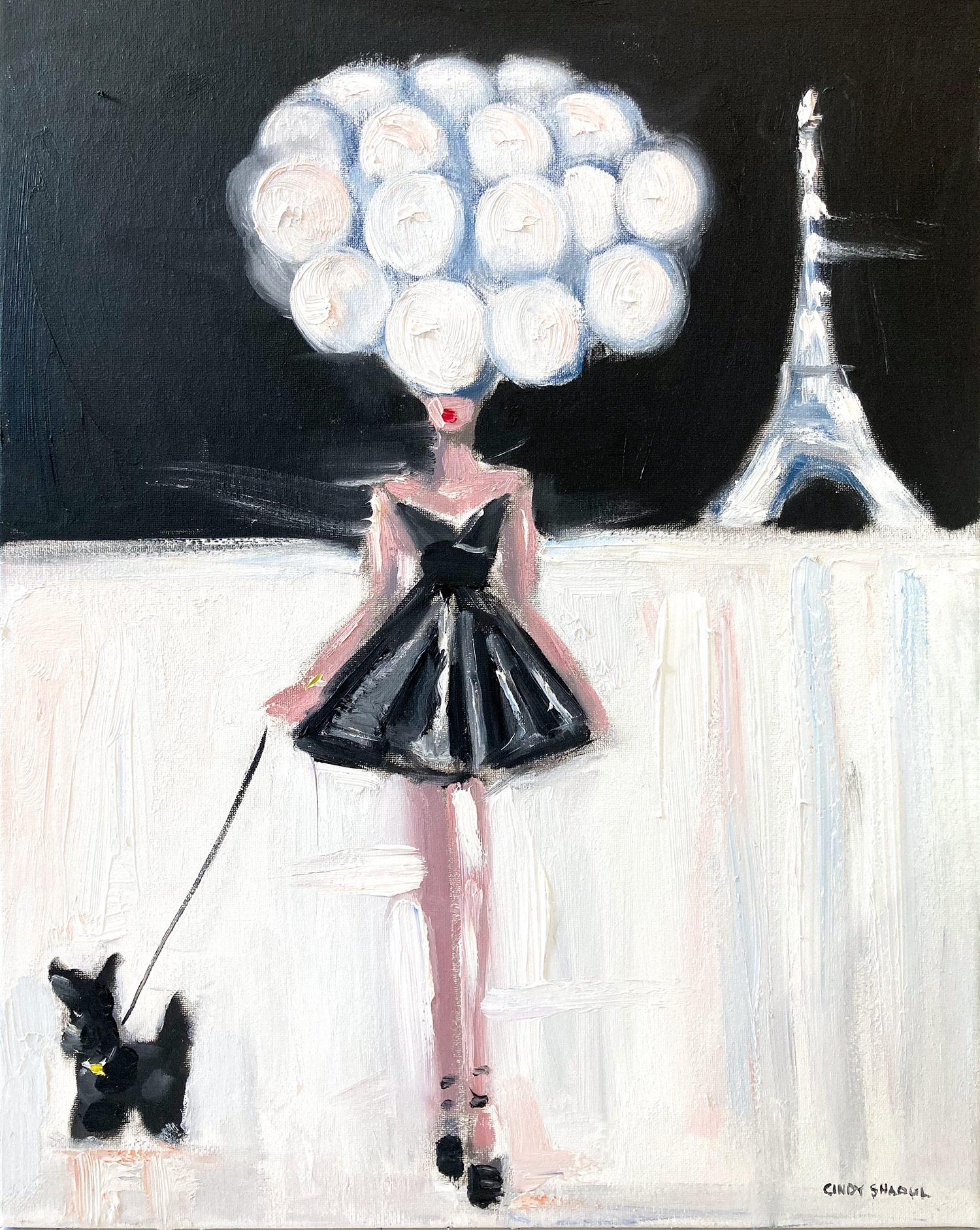 Cindy Shaoul Abstract Painting - "Girl with Balloons- Black + White" Figure in Chanel Haute Couture Oil Painting