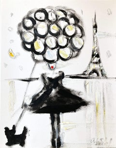 "Girl with Balloons - B&W" Figure in Paris Haute Couture Oil Painting with Dog