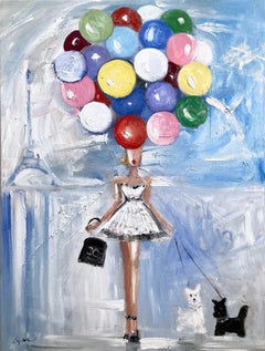 "Fille avec des ballons et un Chanel" - Peinture à l'huile de haute couture avec chiens