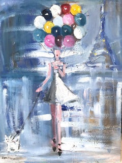 "Girl with Balloons - Day Out" Parisian Figure Haute Couture Oil Painting