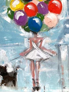 „Mädchen mit Ballons – Fliegen in Chanel“ Pariser Figur Haute Couture Öl auf Papier, Haute Couture