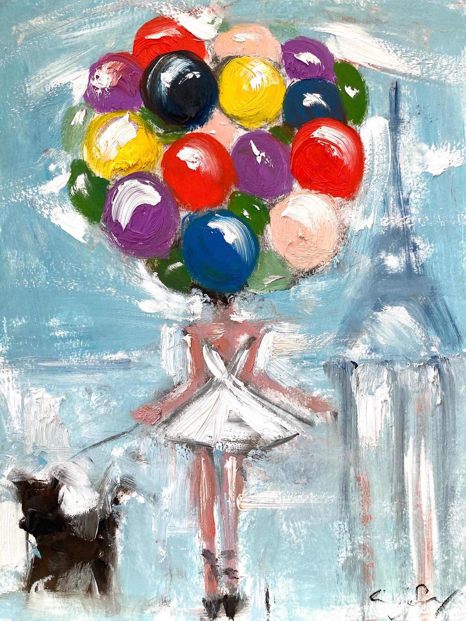 Cindy Shaoul Figurative Painting - "Girl with Balloons - Don't Look Down " Paris Figure Haute Couture Oil on Paper