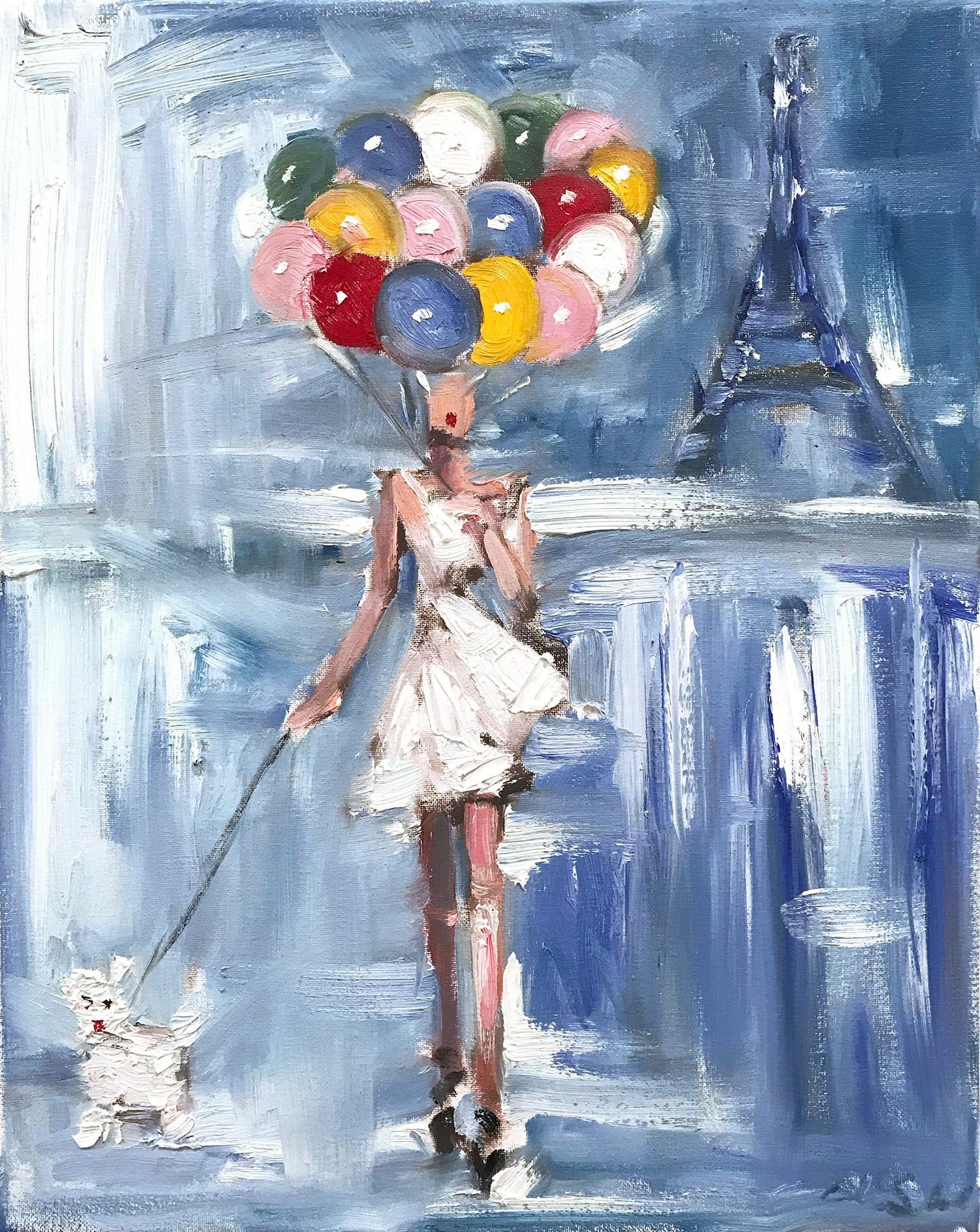 Cindy Shaoul Figurative Painting - "Girl with Balloons" Figure in Haute Couture Oil Painting with Dog
