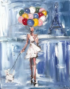 "Girl with Balloons" Figure in Haute Couture Oil Painting with Dog