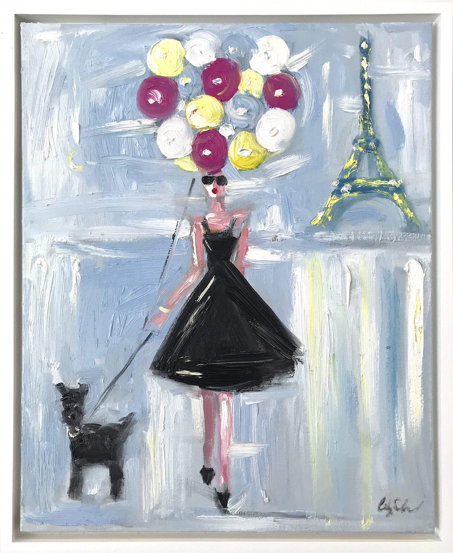 Cindy Shaoul Figurative Painting - "Girl with Balloons" Figure Wearing Haute Couture Oil Painting with Dog in Paris