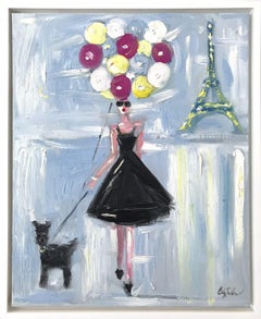 Used "Girl with Balloons" Figure Wearing Haute Couture Oil Painting with Dog in Paris