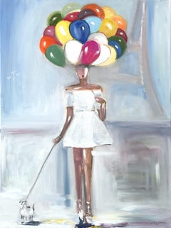 "Girl with Balloons" Figure with Dog in Paris French Haute Couture Oil Painting