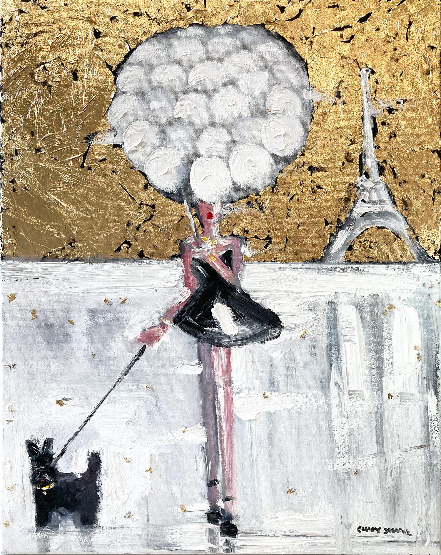 Cindy Shaoul Figurative Painting - "Girl with Balloons- Gold Leaf" Figure Wearing Chanel Haute Couture Oil Painting