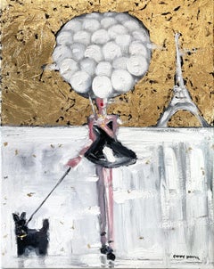 "Girl with Balloons- Gold Leaf" Figure Wearing Chanel Haute Couture Oil Painting