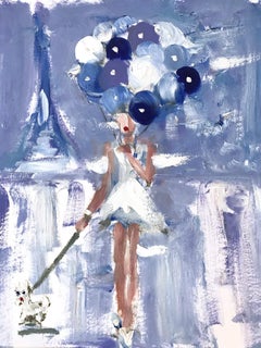 "Girl with Balloons in Paris" Figure in Haute Couture Oil Painting with Dog