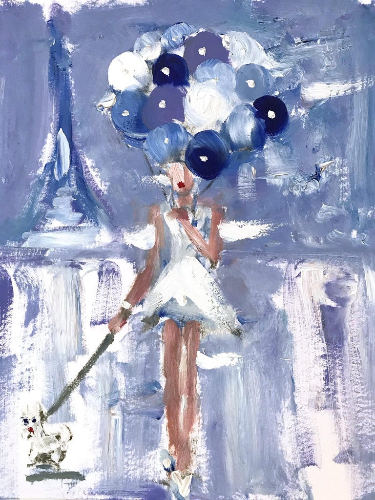 Cindy Shaoul Abstract Painting - "Girl with Balloons in Paris" Figure in Haute Couture Oil Painting with Dog