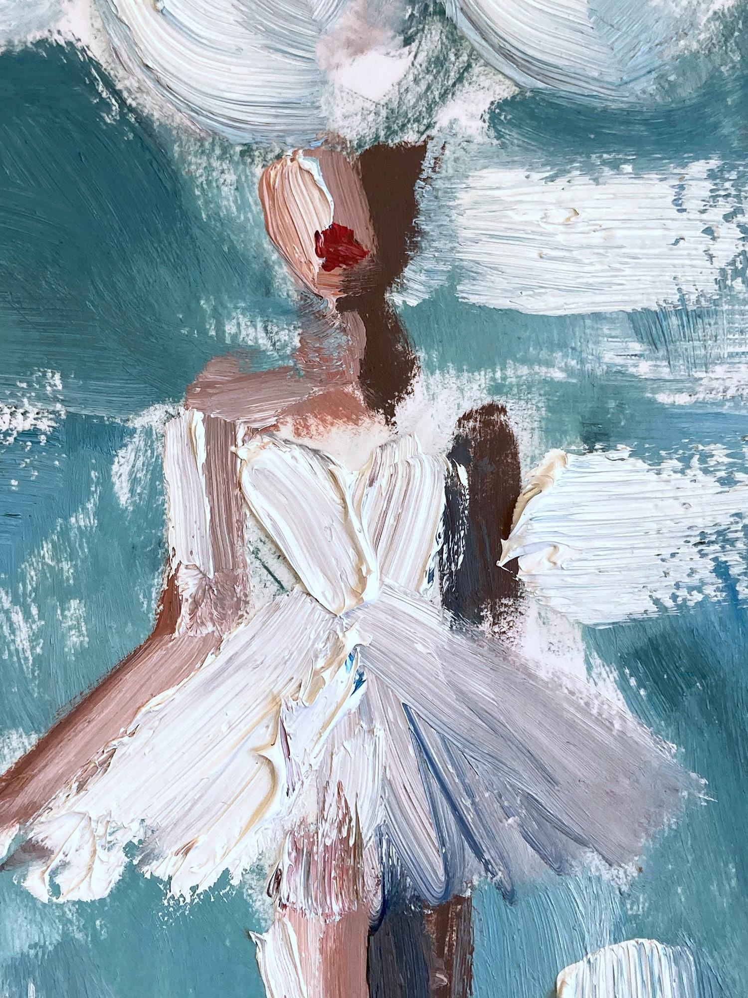 „Mädchen mit Ballons – Kiss n' Fly“, Pariser Figur, Haute Couture, Öl auf Papier, Haute Couture – Painting von Cindy Shaoul