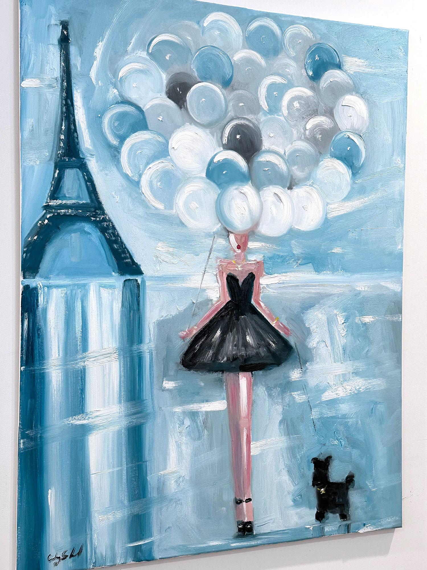„Mädchen mit Ballons La Vie En Rose“ Figur in Haute Couture, Ölgemälde mit Hund, Haute Couture im Angebot 8