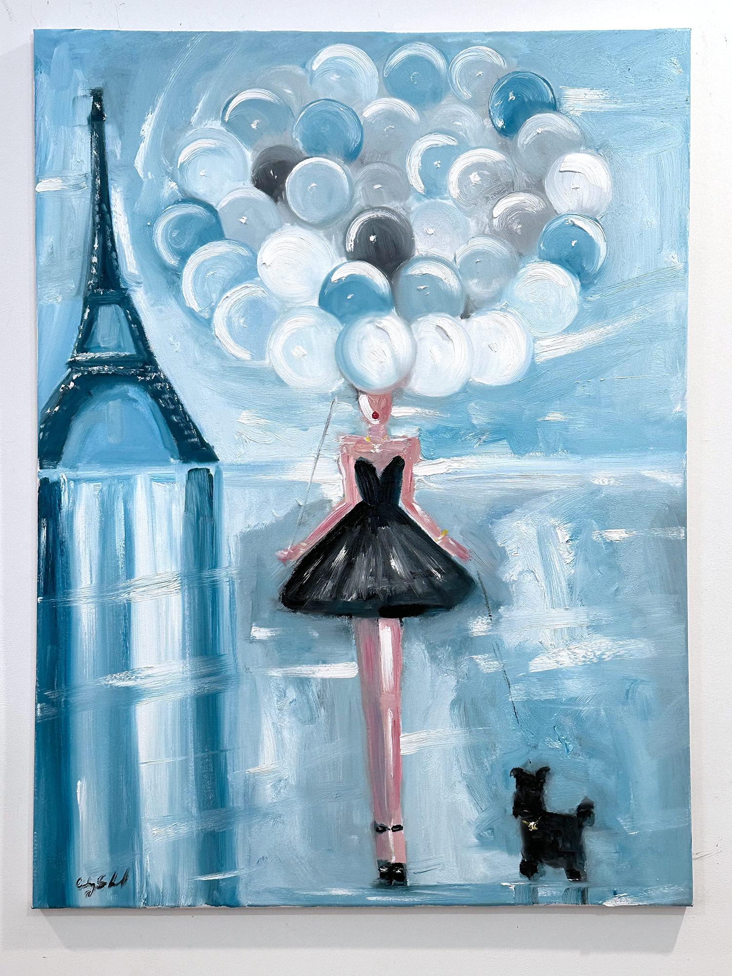 „Mädchen mit Ballons La Vie En Rose“ Figur in Haute Couture, Ölgemälde mit Hund, Haute Couture im Angebot 9