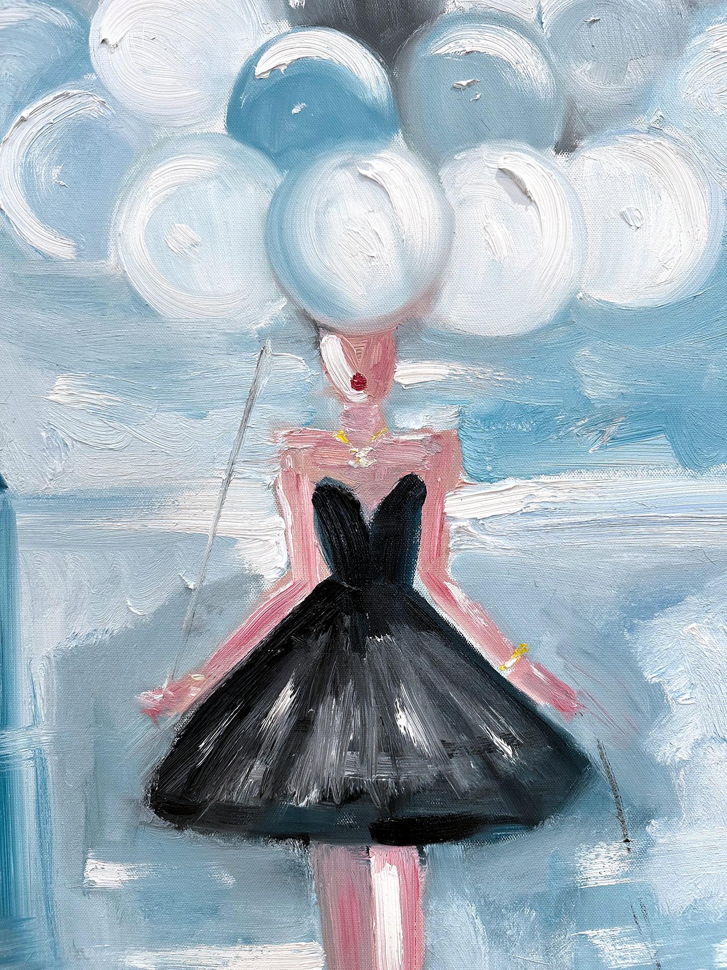 „Mädchen mit Ballons La Vie En Rose“ Figur in Haute Couture, Ölgemälde mit Hund, Haute Couture (Abstrakt), Painting, von Cindy Shaoul