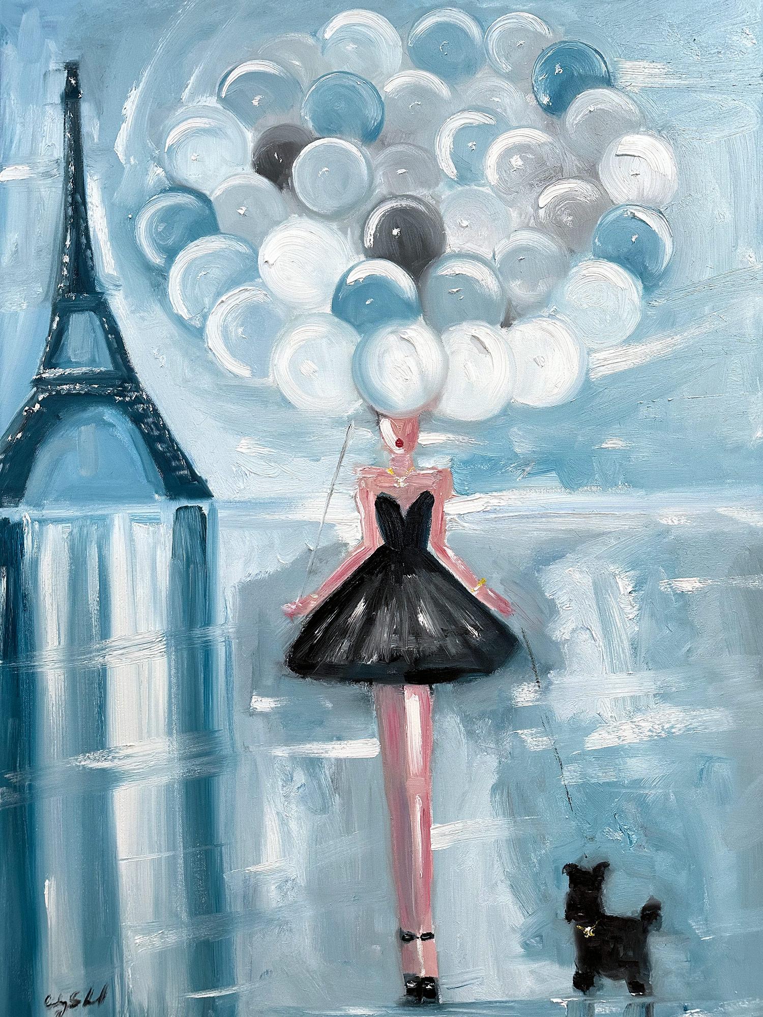 Cindy Shaoul Abstract Painting - "Girl with Balloons La Vie En Rose" Figure in Haute Couture Oil Painting w Dog