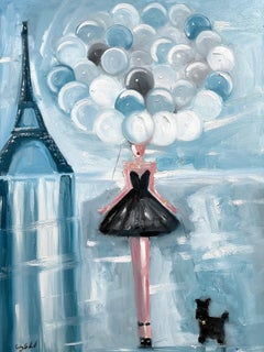 "Girl with Balloons La Vie En Rose" Figure in Haute Couture Oil Painting w Dog