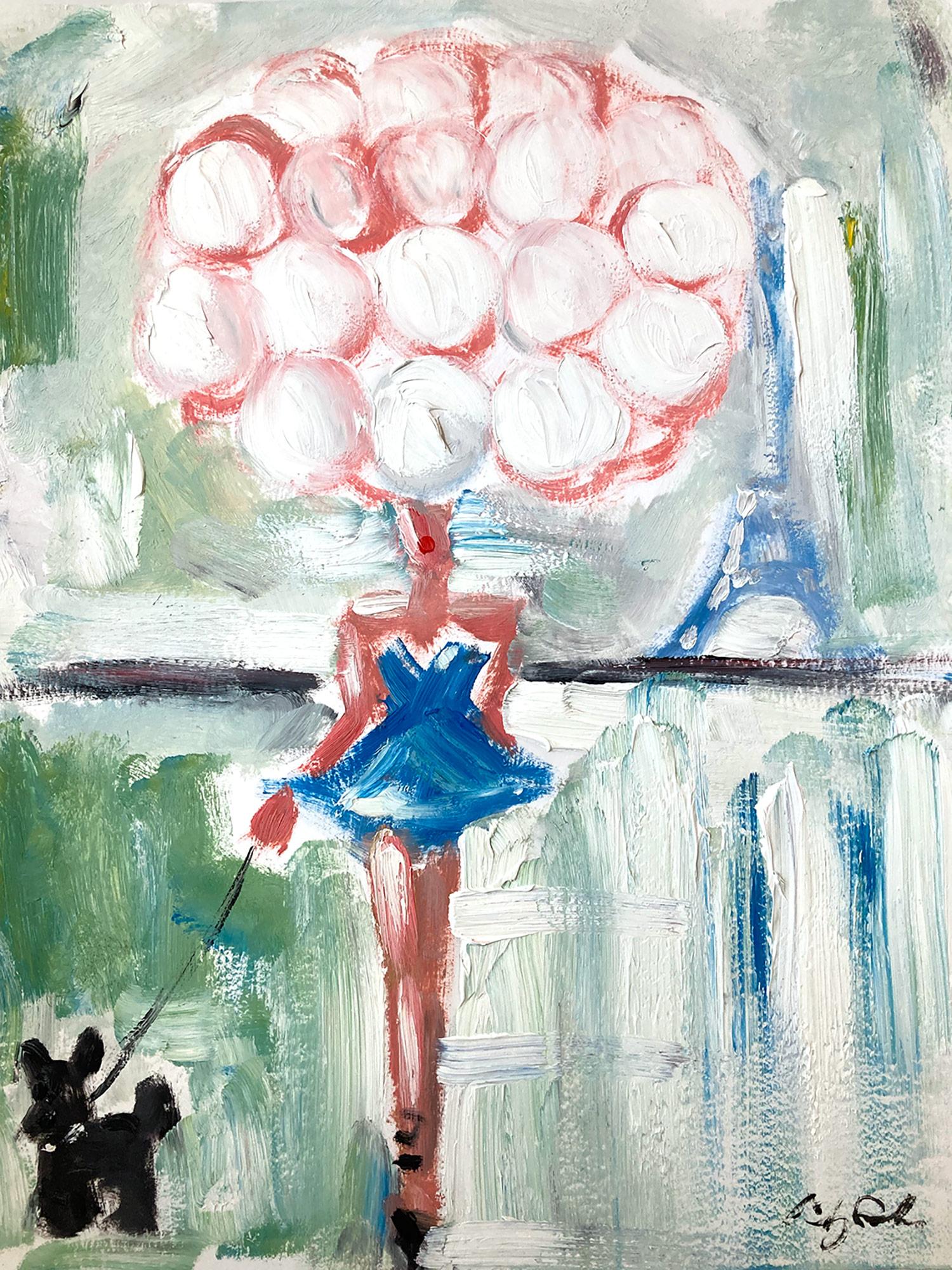 Cindy Shaoul Figurative Painting - "Girl with Balloons Paris Promenade" Figure in Chanel Haute Couture Oil on Paper