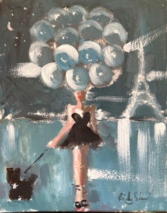 "Girl with Balloons - Parisian Twilight" Paris Figure Haute Couture Oil on Paper