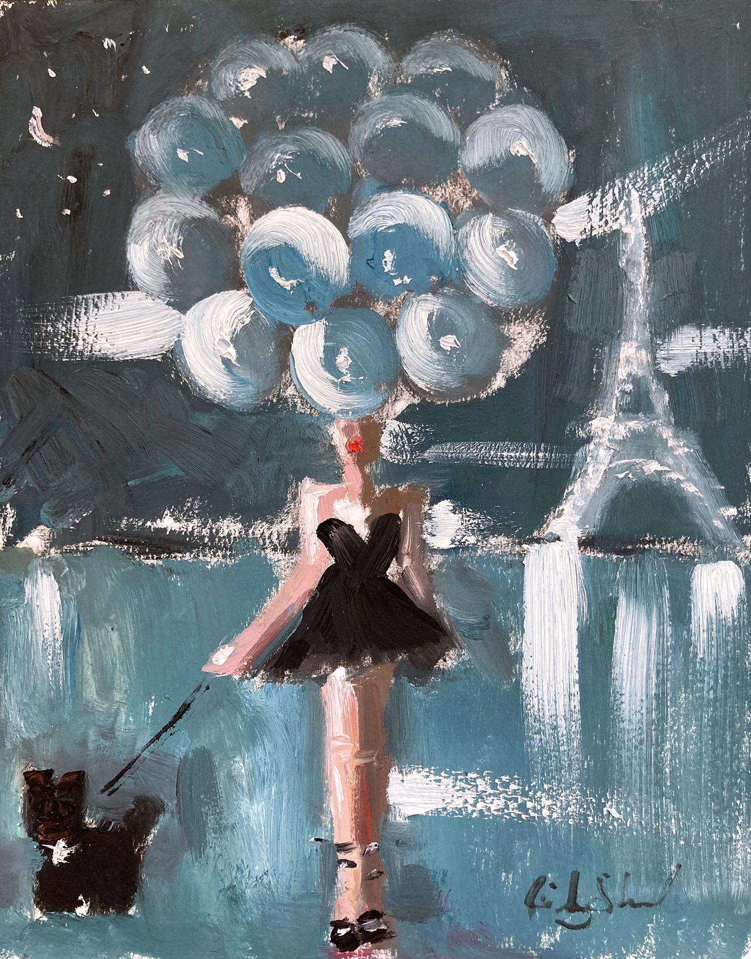 Cindy Shaoul Figurative Painting – „Mädchen mit Ballons – Pariser Twilight“, Pariser Mädchenfigur, Haute Couture, Öl auf Papier, Haute Couture