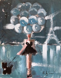 "Girl with Balloons - Parisian Twilight" Paris Figure Haute Couture Oil on Paper