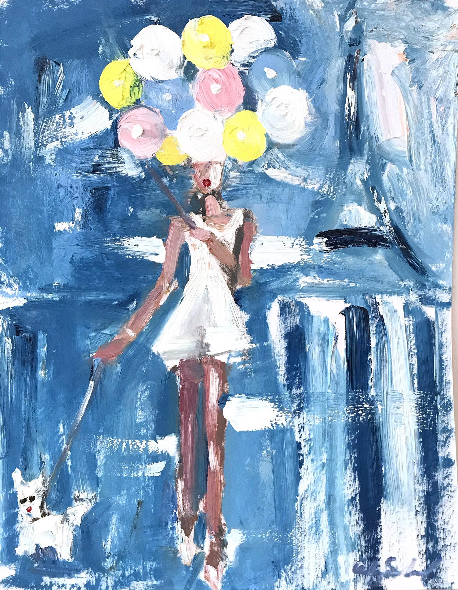 Cindy Shaoul Abstract Painting - "Girl with Balloons - Stacy" Figure in Paris Haute Couture Oil Painting with Dog